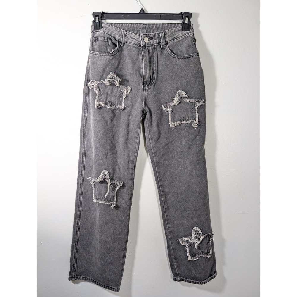 Women's M Black Stone Wash High Rise Mom Jeans Star Pattern Distressed